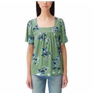 Lucky Brand Women's Square Neck Top Size S Kelly Green Floral Flowy Oversized